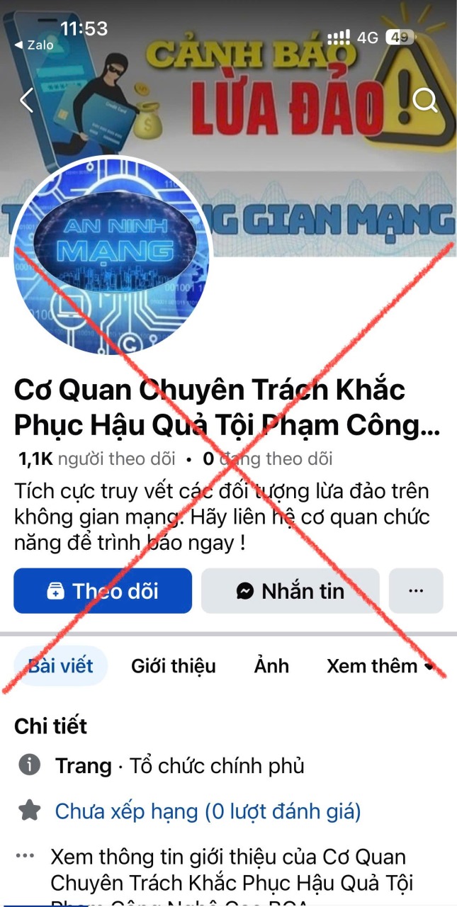 Giao diện Fanpage mạo danh Bộ Công an, tự xưng có thể “giúp người dân lấy lại tiền bị lừa đảo”.