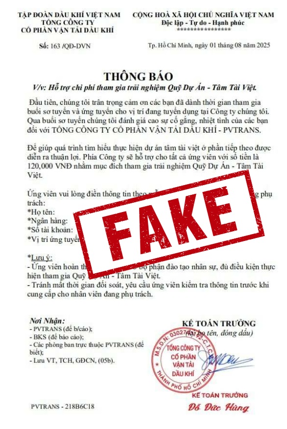 Thông tin giả mạo nhằm lừa đảo, chiếm đoạt tài sản.