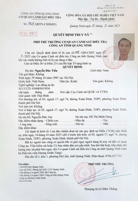 Quyết định truy nã đối với Nguyễn Đức Tiến. Ảnh: Công an Quảng Ninh