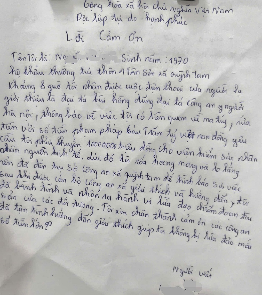 Hiểu ra được bản chất sự việc và giữ được tài sản, Chị Y rất cảm kích và viết thư cảm ơn lực lượng Công an. Ảnh Công an tỉnh Nghệ An