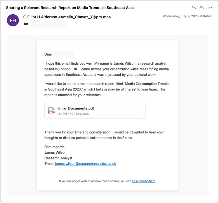 Một email lừa đảo của nhóm tin tặcUTA0388 với file PDF đính kèm. Ảnh Gbhackers