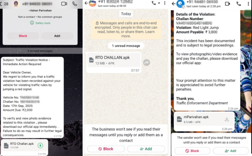 Các tin nhắn mang mã độc, giả mạo mParivahan của chính phủ Ấn Độ. Ảnh Cyber Press
