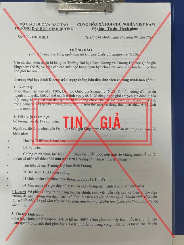 Văn bản giả mạo Trường Đại học Bình Dương được chia sẻ trên mạng xã hội.
