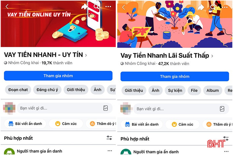 Các hội nhóm vay tiền trên Facebook với rất nhiều người tham gia. Ảnh Báo Hà Tĩnh