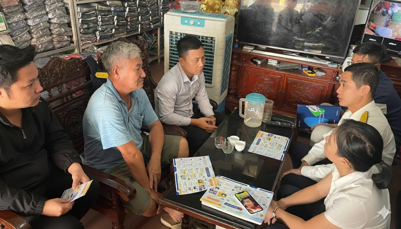 Nhân viên VNPT phối hợp với cán bộ Thuế hướng dẫn hộ kinh doanh tự kê khai thuế tại xã Gia Lộc - Hải Phòng