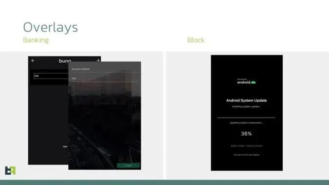 Màn hình hiển thị nội dung giả mạo về ứng dụng ngân hàng hoặc cập nhật Android do Sturnus tạo ra
