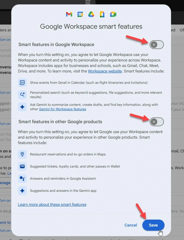Tắt các tính năng thông minh dựa trên AI cho Google Workspace