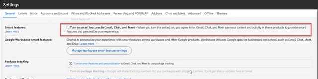 Tắt Smart Features trên Gmail web