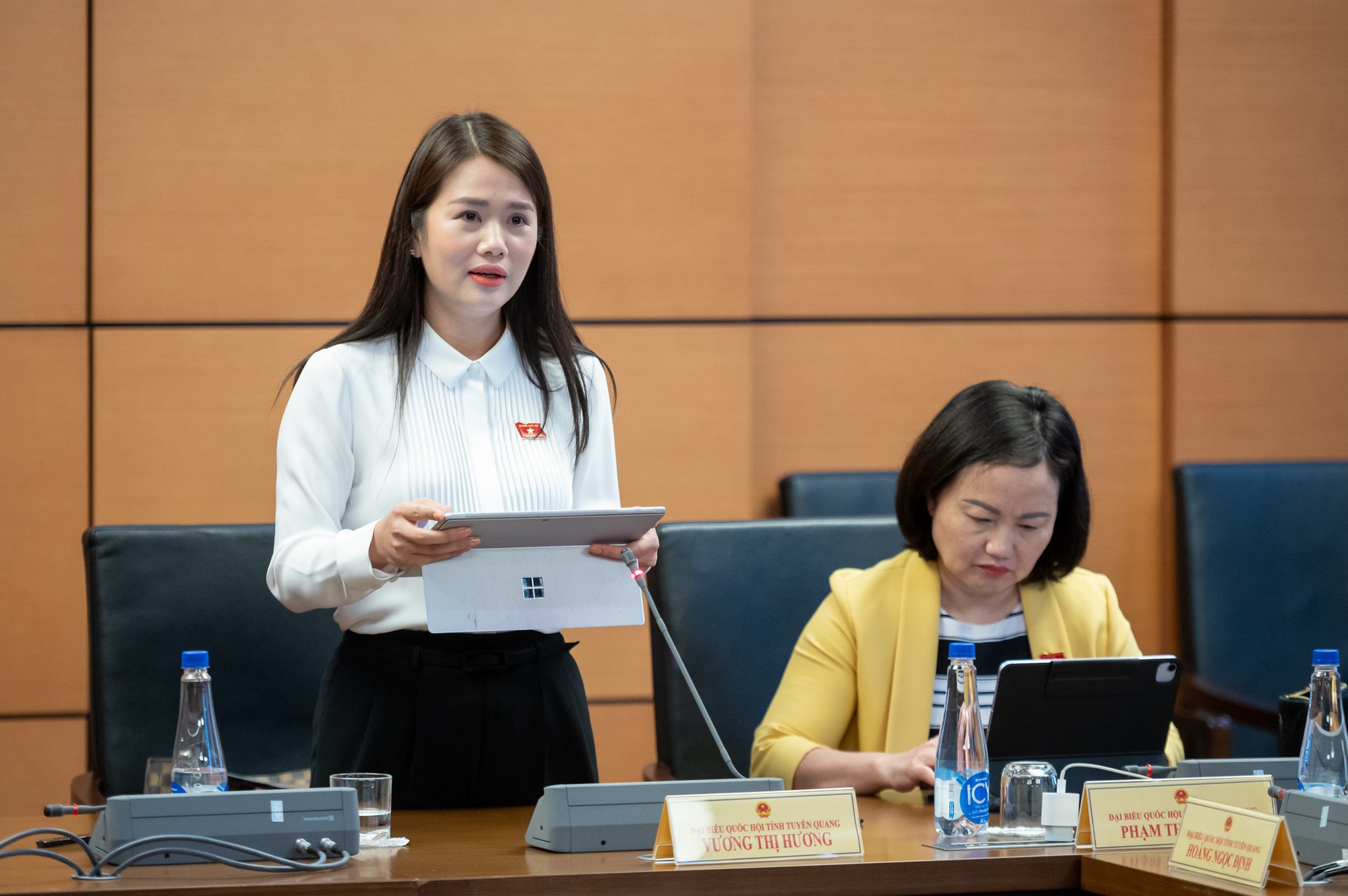 Đại biểu Vương Thị Hương (Đoàn ĐBQH tỉnh Tuyên Quang) nêu ý kiến về chính sách ưu tiên chuyển đổi số cho vùng khó khăn.