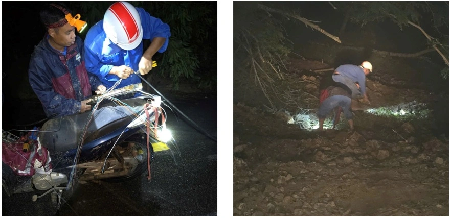 Ngay khi bớt mưa, cán bộ kỹ thuật của VNPT Khánh Hòa đã vào cuộc khắc phục sự cố