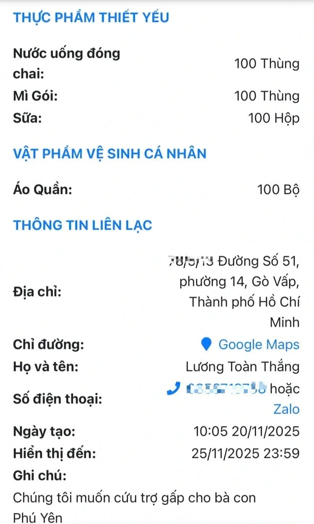 Một người cần tặng nhu yếu phẩm cho bà con vùng lũ ở tỉnh Phú Yên cũ trên trang web