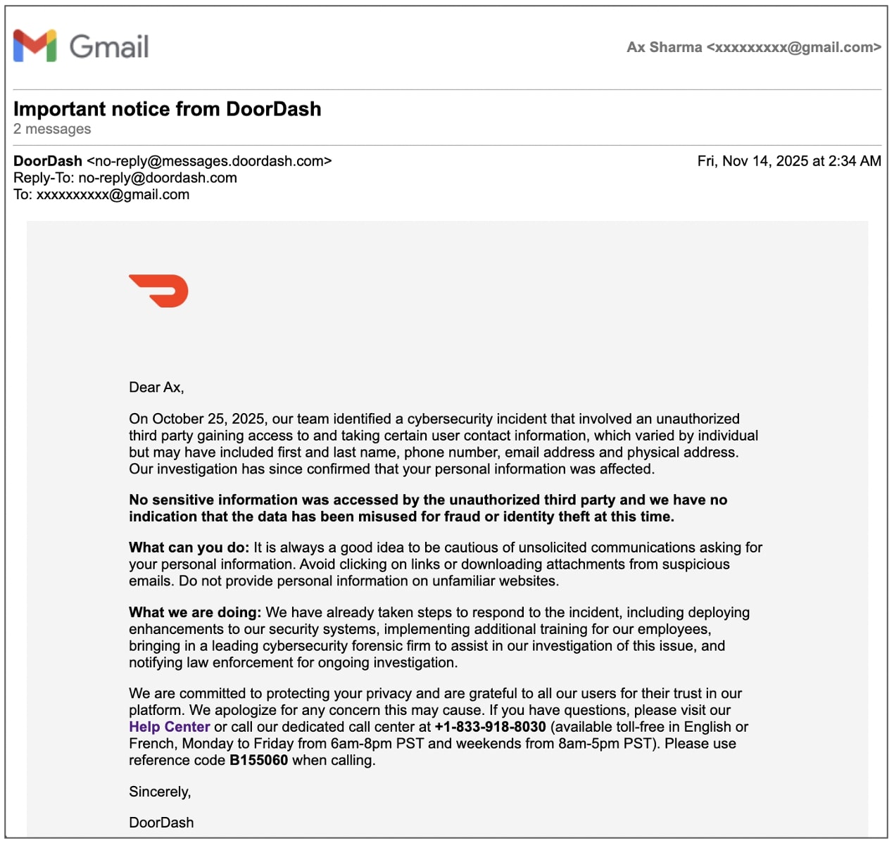 Thông báo qua email của DoorDash tiết lộ sự cố bảo mật từ tháng 10. Ảnh BleepingComputer