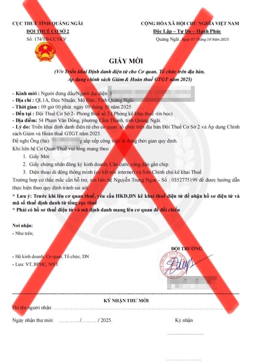 Giấy mời giả mạo cơ quan thuế. Ảnh Công an tỉnh Quảng Ngãi.