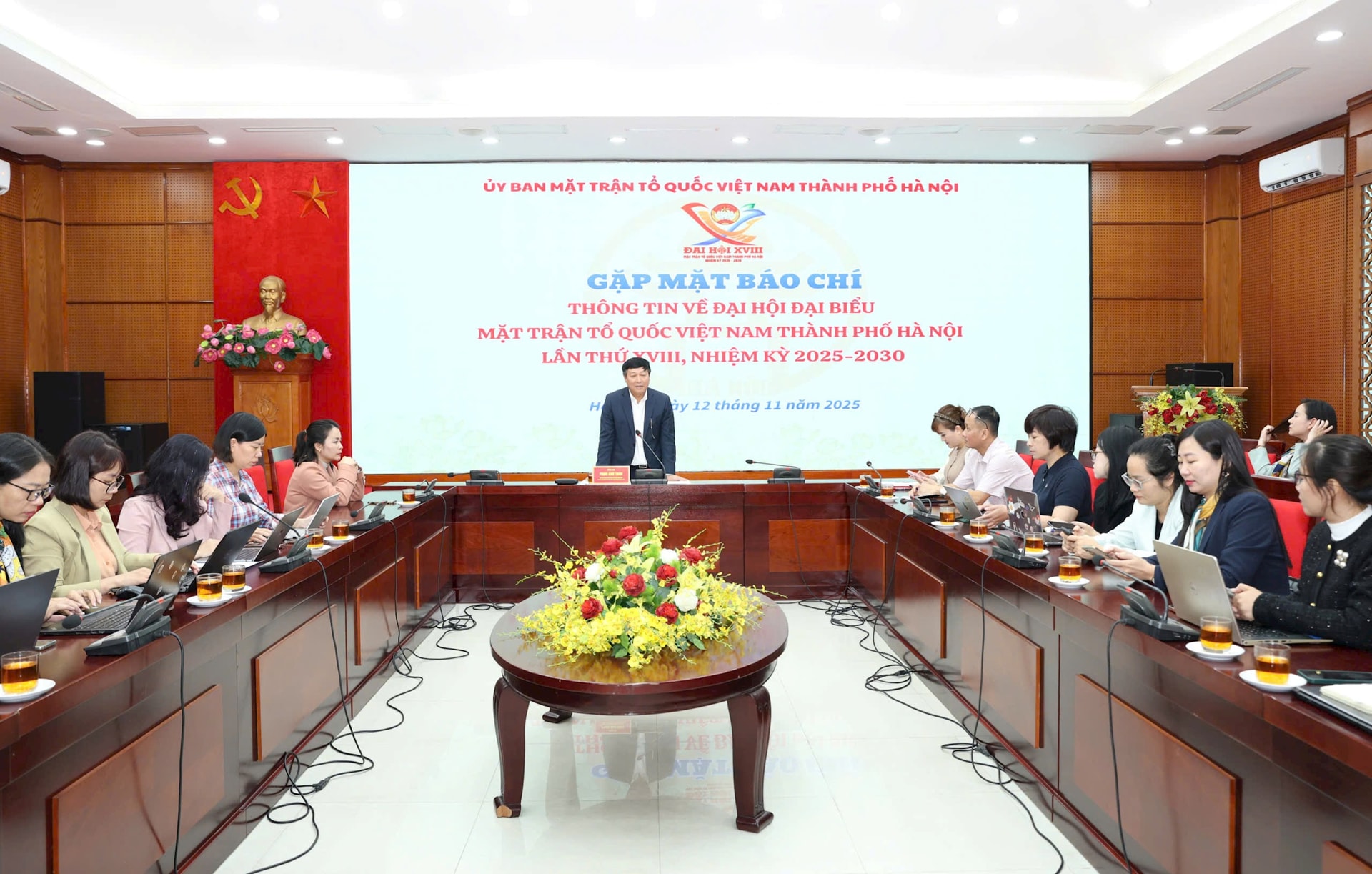 Toàn cảnh buổi họp báo thông tin về Đại hội đại biểu MTTQ Việt Nam thành phố Hà Nội lần thứ XVIII, nhiệm kỳ 2025 - 2030.