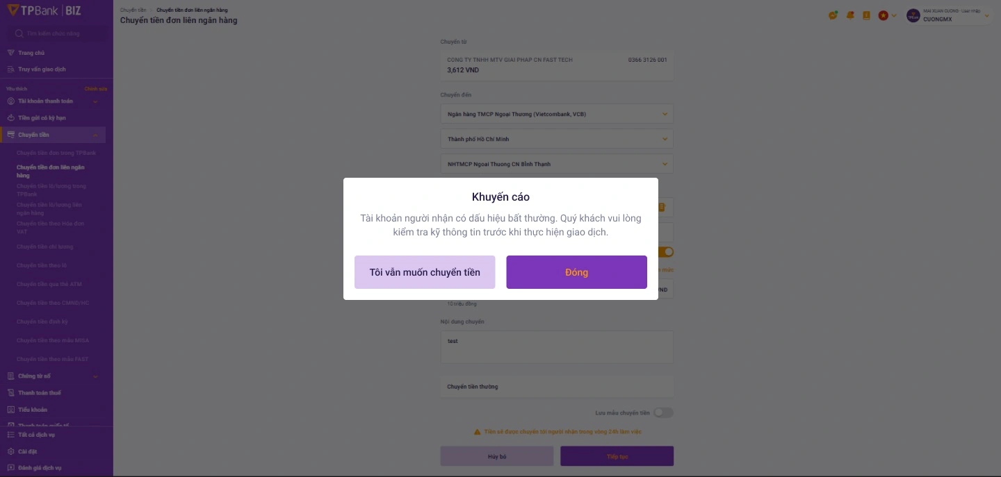 TPBank gửi khuyến cáo đến người dùng khi phát hiện tài khoản người nhận có dấu hiệu bất thường.