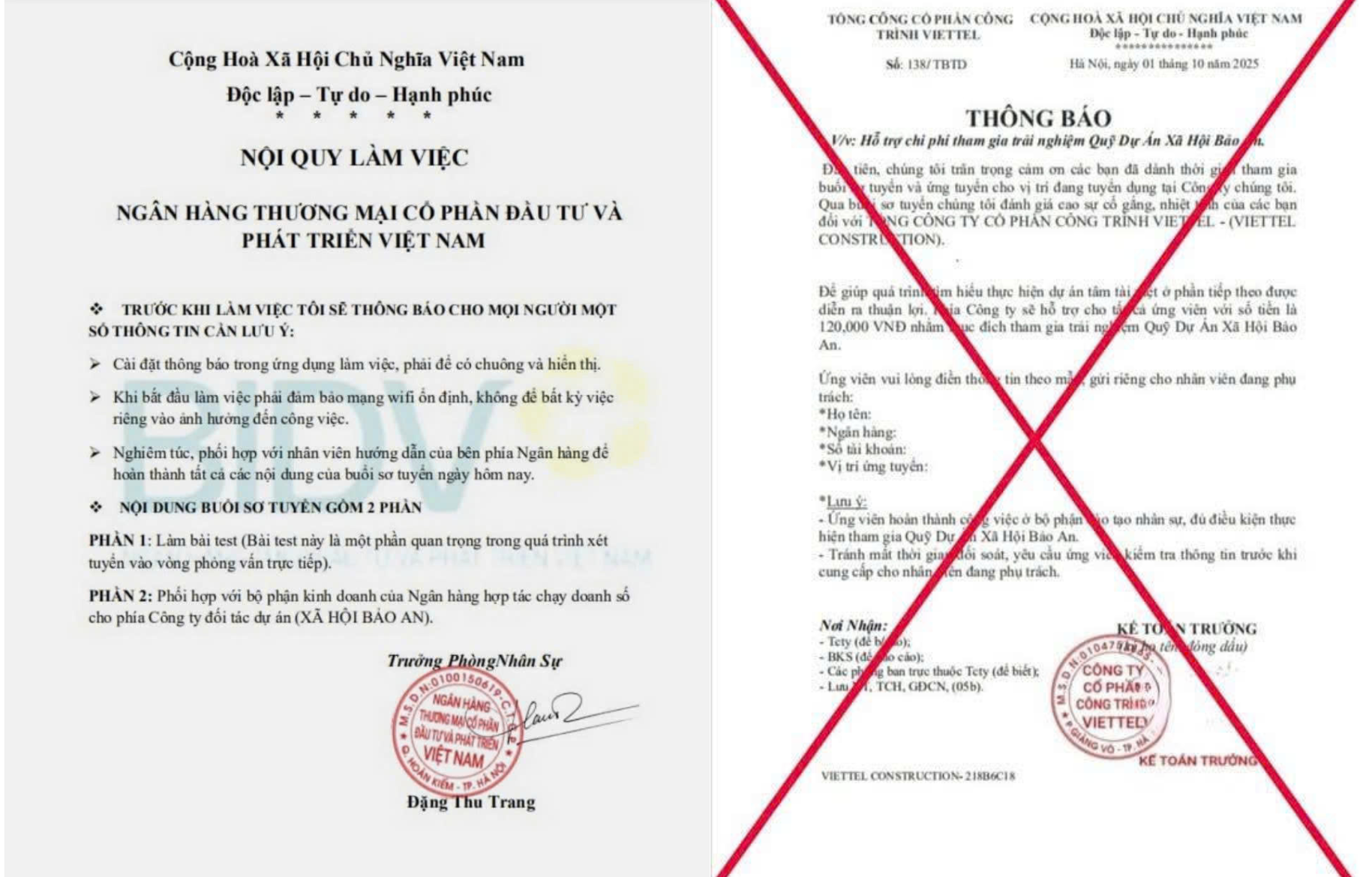 Văn bản tuyển dụng giả mạo BIDV 