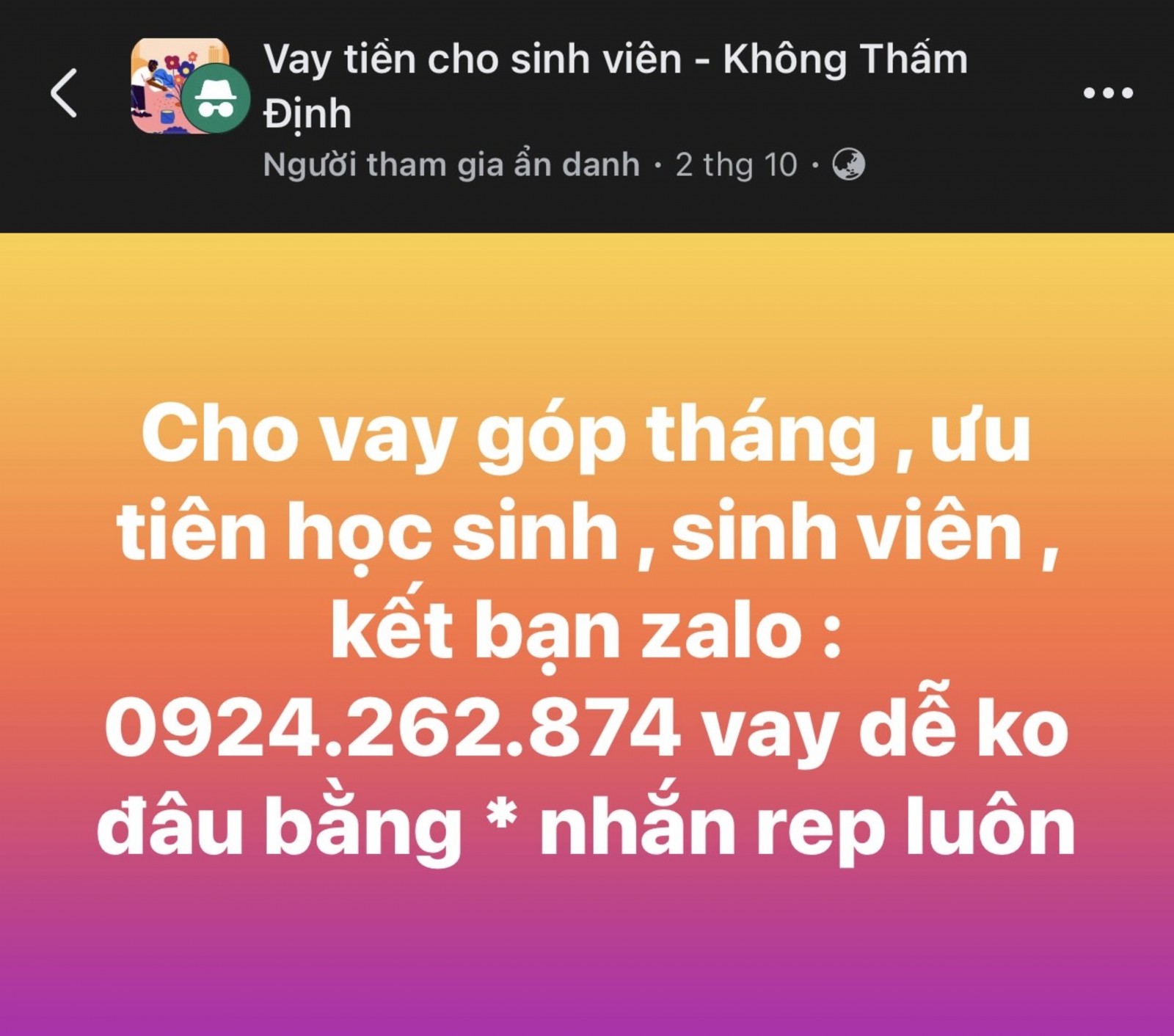 Các nội dung đăng hỗ trợ sinh viên vay tiền với các ưu đãi hấp dẫn xuất hiện nhiều trên các hội, nhóm của Facebook.