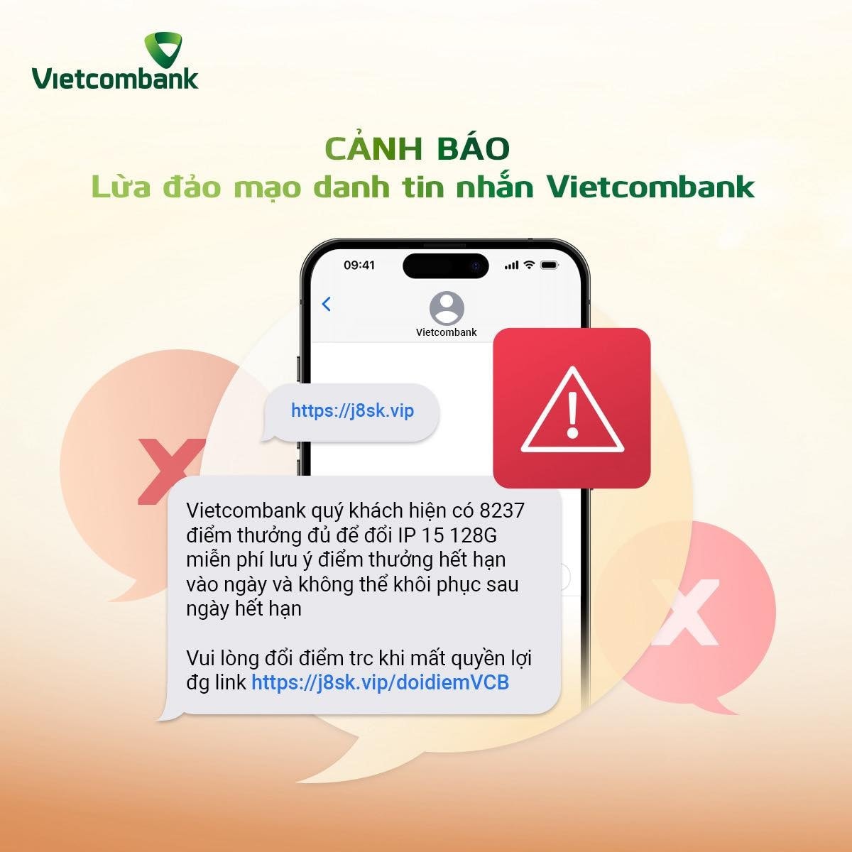 Vietcombank cảnh báo lừa đảo mạo danh tin nhắn. Ảnh Vietcombank