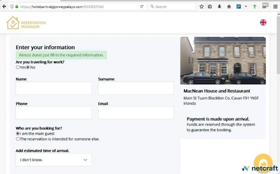 Một trang web đặt phòng lừa đảo. Ảnh Netcraft