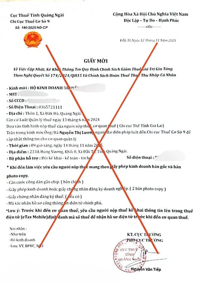 Văn bản giả mạo cơ quan thuế tỉnh Quảng Ngãi nhằm mục đích lừa đảo. Ảnh Công an tỉnh Quảng Ngãi
