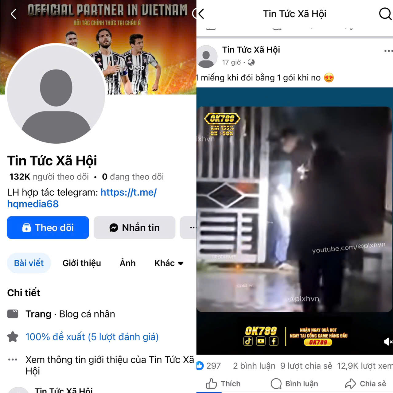 Trang Facebook “Tin Tức Xã Hội” giả mạo danh nghĩa tin tức để quảng bá, chèn logo và đường link dẫn đến nền tảng cá cược trực tuyến “OK789”.