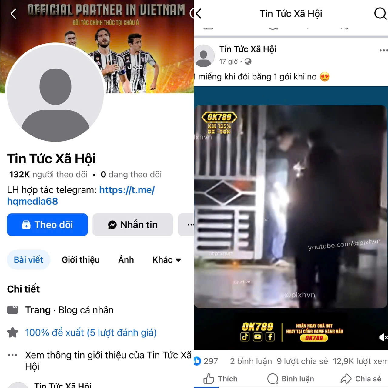 Trang Facebook “Tin Tức Xã Hội” giả mạo danh nghĩa tin tức để quảng bá, chèn logo và đường link dẫn đến nền tảng cá cược trực tuyến “OK789”.