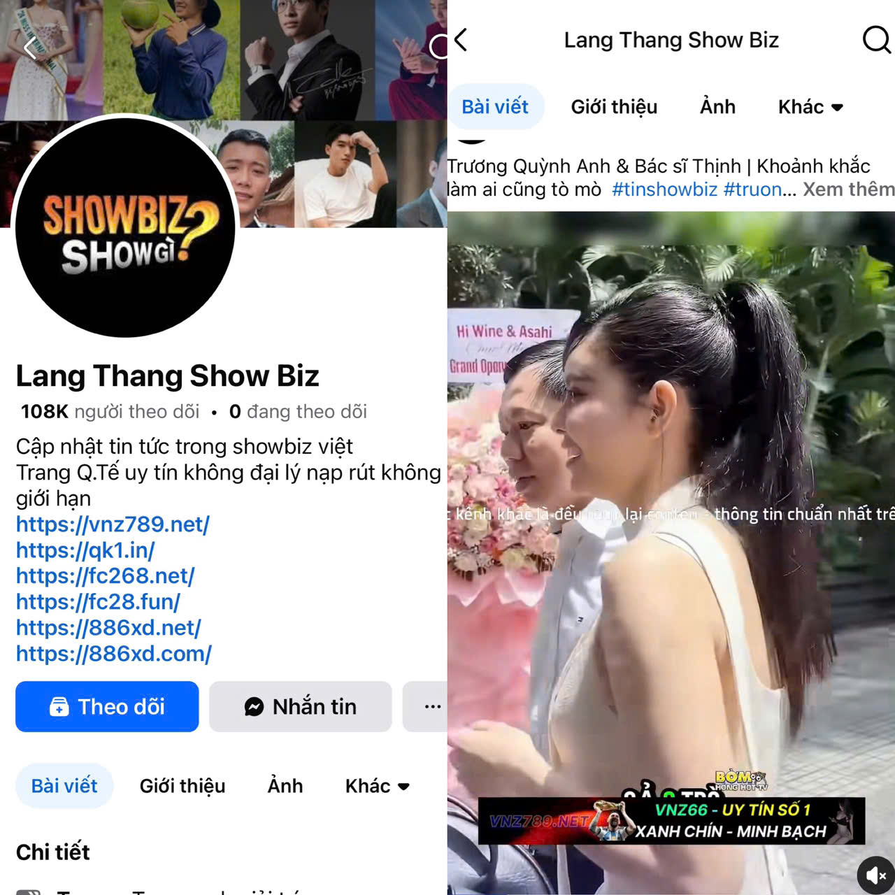 Trang Facebook “Tin Tức Xã Hội” giả mạo danh nghĩa tin tức để quảng bá, chèn logo và đường link dẫn đến nền tảng cá cược trực tuyến “OK789”.