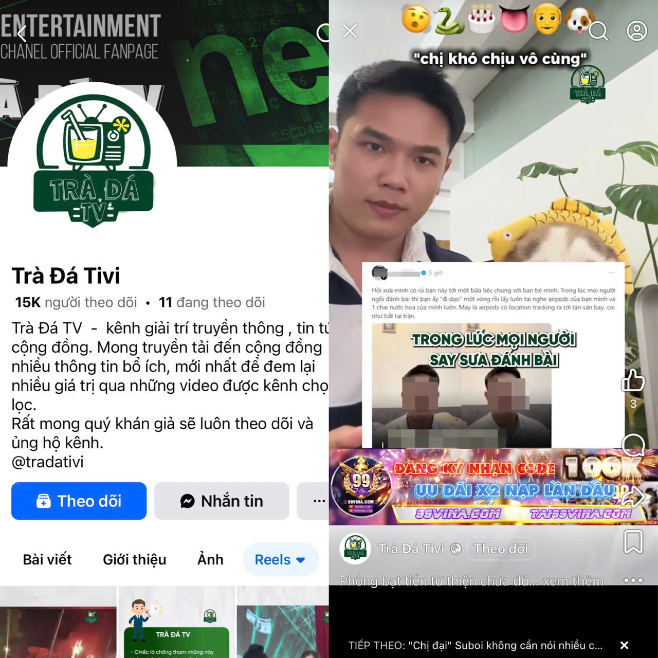 fanpage “Trà Đá Tivi” với phần nội dung video và khung quảng cáo bên dưới hiển thị banner mang logo, khẩu hiệu của trang web cờ bạc trực tuyến.