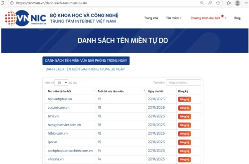 Công bố danh sách tên miền “.vn” hết hạn được giải phóng về trạng thái tự do