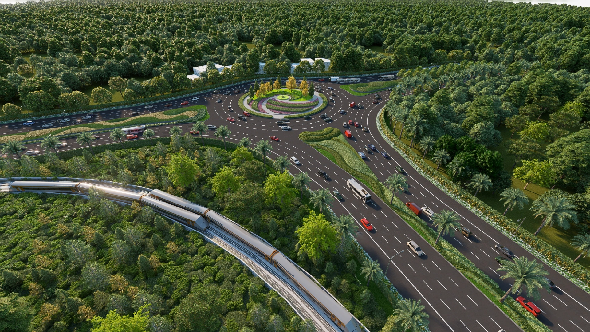 Hai bên đại lộ được phủ xanh bằng những hàng me tây cao lớn, tạo cảnh quan hiện đại, hài hòa và thân thiện với môi trường.