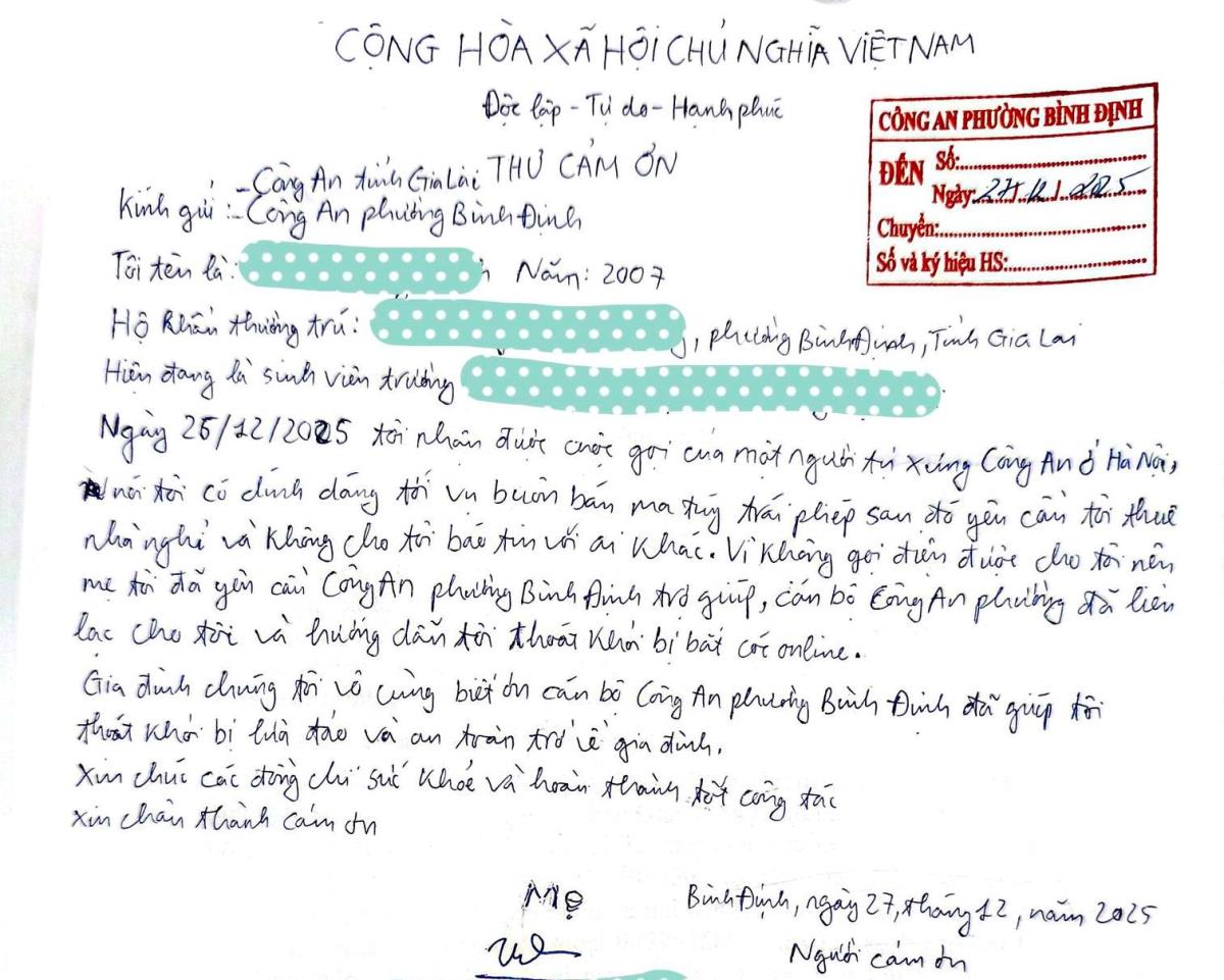 Thư cảm ơn của người dân gửi Công an phường Bình Định.