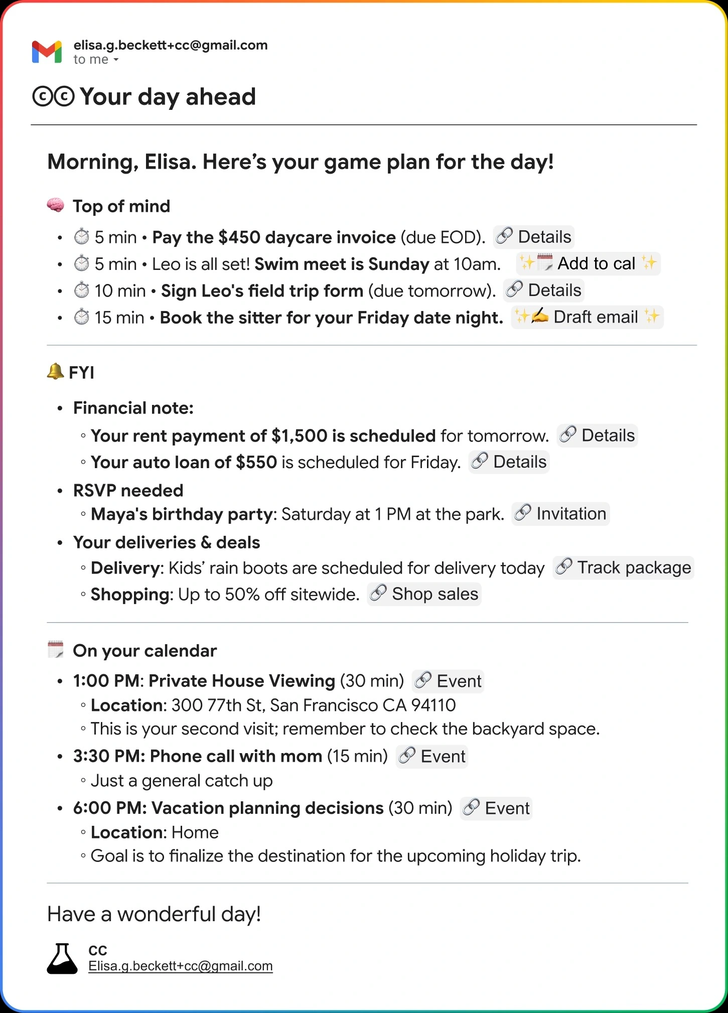 Email đầu ngày của CC gửi cho người dùng