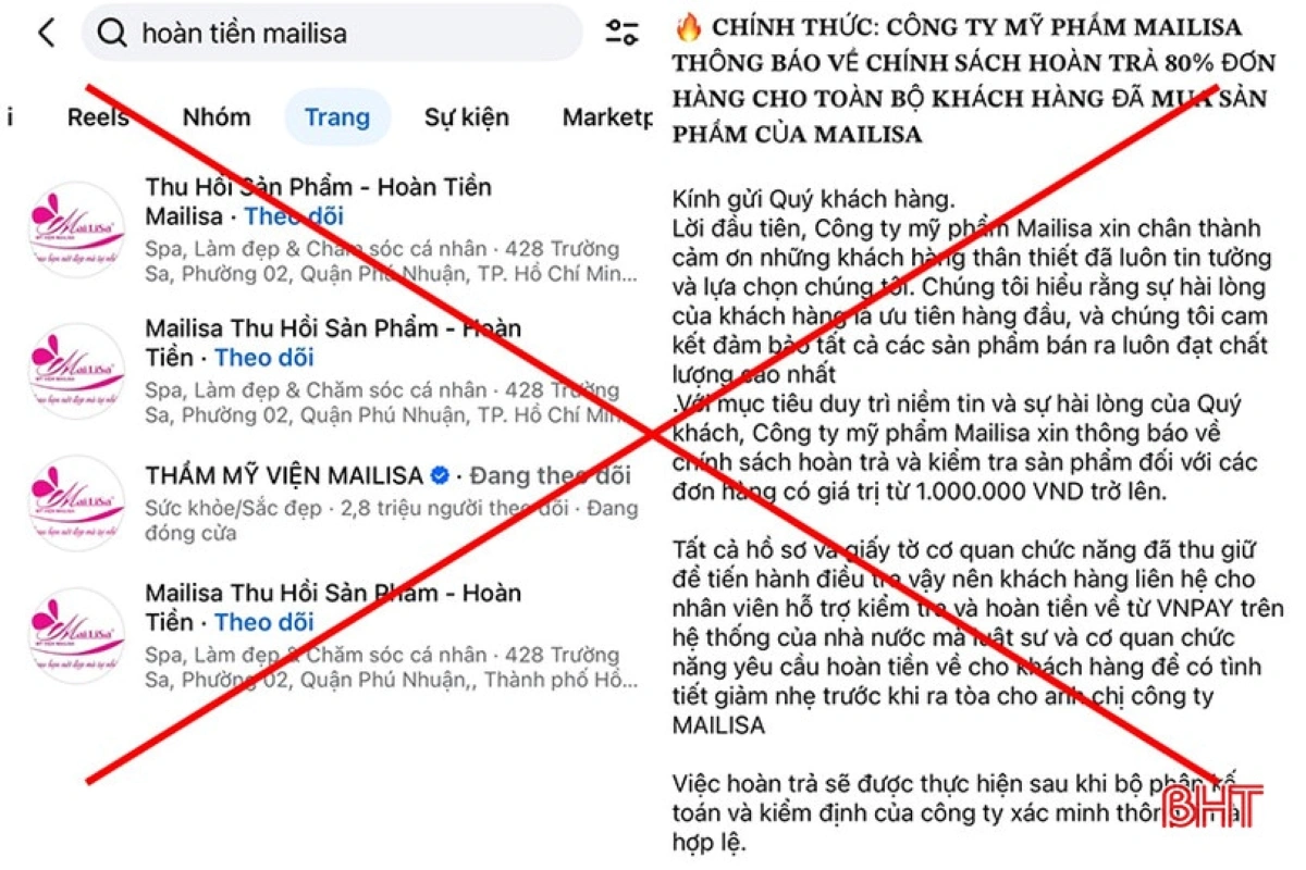 Nhiều Fanpage mạo danh Thẩm mỹ viện Mailisa hỗ trợ thu hồi sản phẩm, hoàn tiền.