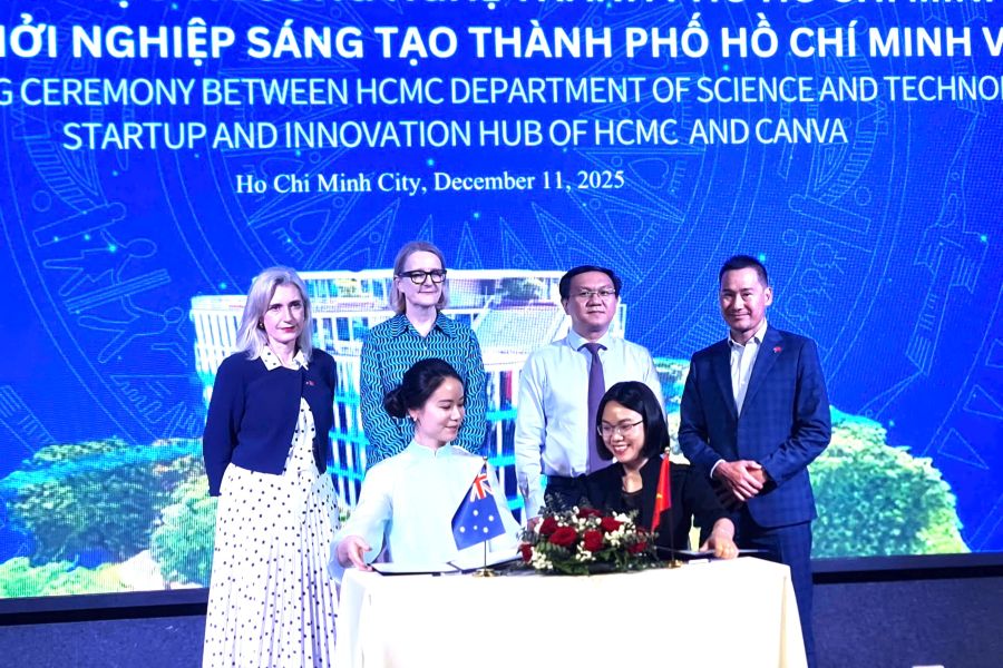 Đại diện Sihub và Canva thực hiện nghi thức ký kết hợp tác chiến lược. Ảnh: Đỗ Doãn
