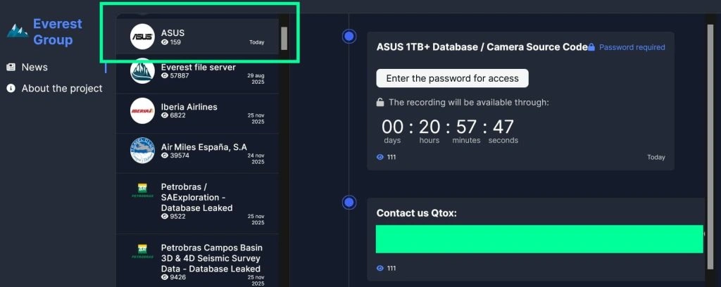 Nhóm tin tặc Everest tuyên bố tấn công chiếm đoạt dữ liệu của Asus trên web leaks. Ảnh Hackread
