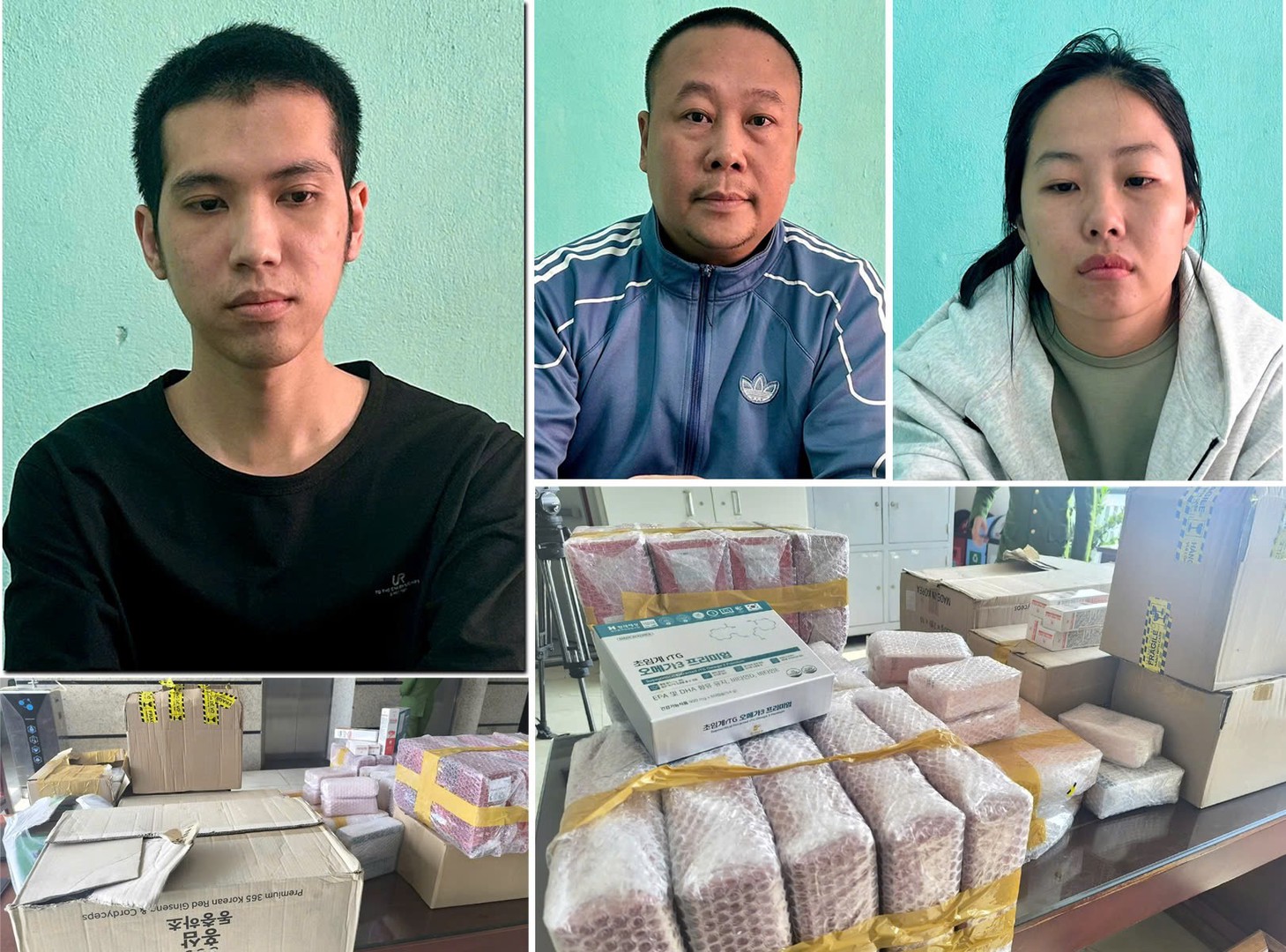 Các đối tượng (từ trái qua phải): Phạm Nhất Duy, Nguyễn Doanh Thương và Nguyễn Thị Thanh Nhàn cùng tang vật vụ án.