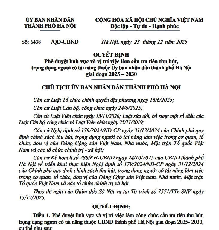 Quyết định về thu hút nhân tài công nghệ của UBND TP Hà Nội
